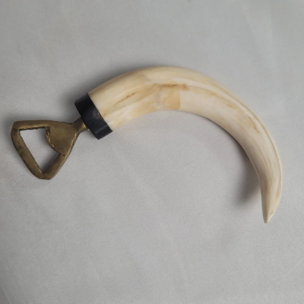 Vintage Hand Carved Warthog Tusk Brass Bottle Opener